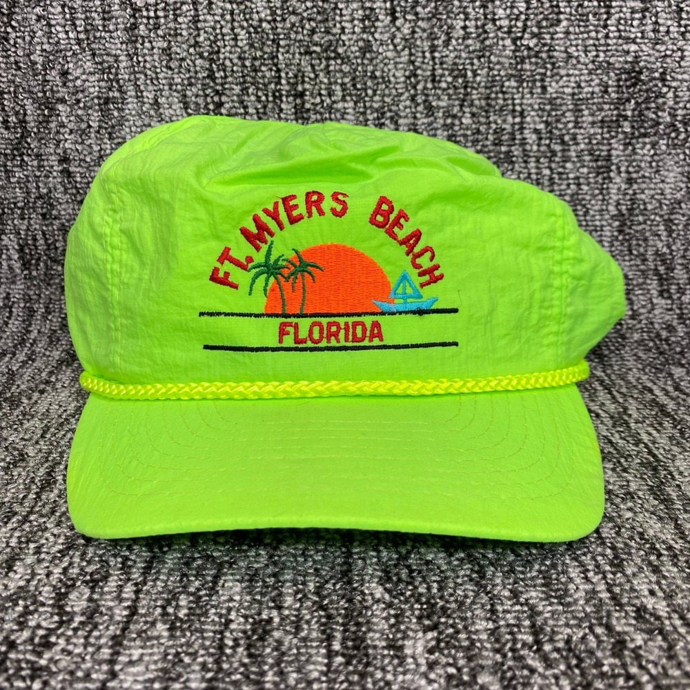 VTG Mohr's Ft. Myers Beach Florida Nylon Rope Snapback Hat Neon Green Sunset Cap